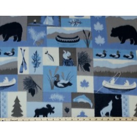 Fleece Yellowstone Blue Gray Camping Mountains Pines Woods Bull Moose Wolves Bears Wildlife Fishing Nature Outdoors Fleece Fabric Print by The Yard (6121M-10H)