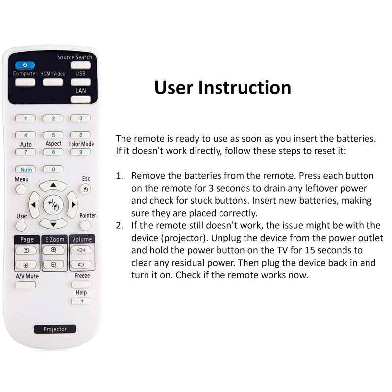 Projector Remote Control Compatible with Epson Projector, Home Cinema, Powerlite,