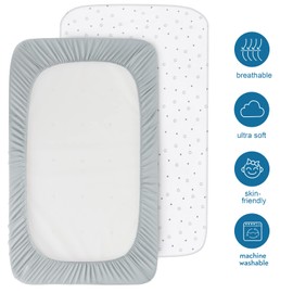 Next to Me Crib Sheets Fitted 83x50cm, Baby Bedside Crib Sheets 2 Pack, Ultra Soft, Grey & White Star