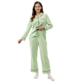 Womens Pyjamas Set, Cozy Long Sleeve 100% Cotton ladies Pajamas With Pockets, PJS for women sets Classic Women's nightwear Comfy Loungewear Olive Green L