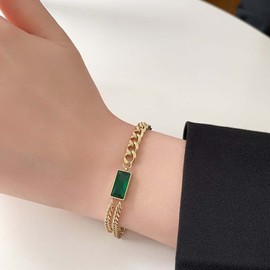 Erimberate Bohemian Emerald Sqaure Bracelet Layered Cuban Link Chain Bracelets Gold Chunky Flat Chain Bracelet Green Rhinestone Hand Chain Bracelet Jewelry for Women and Girls