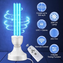 Qualirey 1 Pack 25 Watt UV Light, UVC Lamp with E27 Base and Remote Control, UV Light Bulb for Basement/Bedroom/Kitchen, with Ozone
