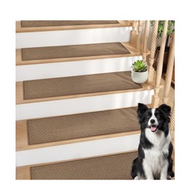 Szyeequoo Stair Treads Non Slip,Stair Treads for Wooden Steps Indoor,15 Pcs 8*30inch Stair Treads,Reusable Adhesive Stair Runner for kids&Dogs,Surface Polyester TPE Backing Carpet Stair Treads Brown