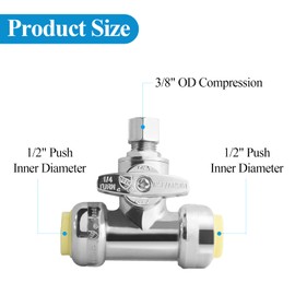 WiseWater Tee Stop Valves 1/2" Push x 1/2" Push x 3/8" O.D Push Fit Valve with Disconnect Clip, 1/4 Turn Chrome Plated Brass Water Shut Off Valve for Copper, PEX, CPVC Pipe (2 Pack)