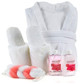 Luxury Home Spa Gift Basket with Pink Peony Scent - Indulgent Ultra Soft Bathrobe & Plush Slipper Spa Box for Women - Complete Bath & Body Set Luxury Body Care