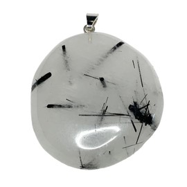 KRIO 1 x Turmalinquarz Scheibenstein IOV250321 Therapiestein als Anhänger mit Silberöse - Größe L Steinlänge 40mm, Dicke ca 10mm (Turmalinquarz 9)