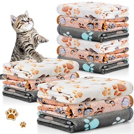 12 Pieces Pet Blanket Soft Fleece Dog Blanket Fluffy Doggie Blanket Warm Felt Throw Blanket Cute Paw Print Throw Blanket Puppy Kitten Sleep Mat Bed Covers for Dog Puppy Cat (Dark Gray, White, Camel)
