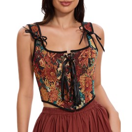 SLIMBELLE Women's Renaissance Corset Full Breast Corset Top with Straps Floral Print Corset Vest, brown