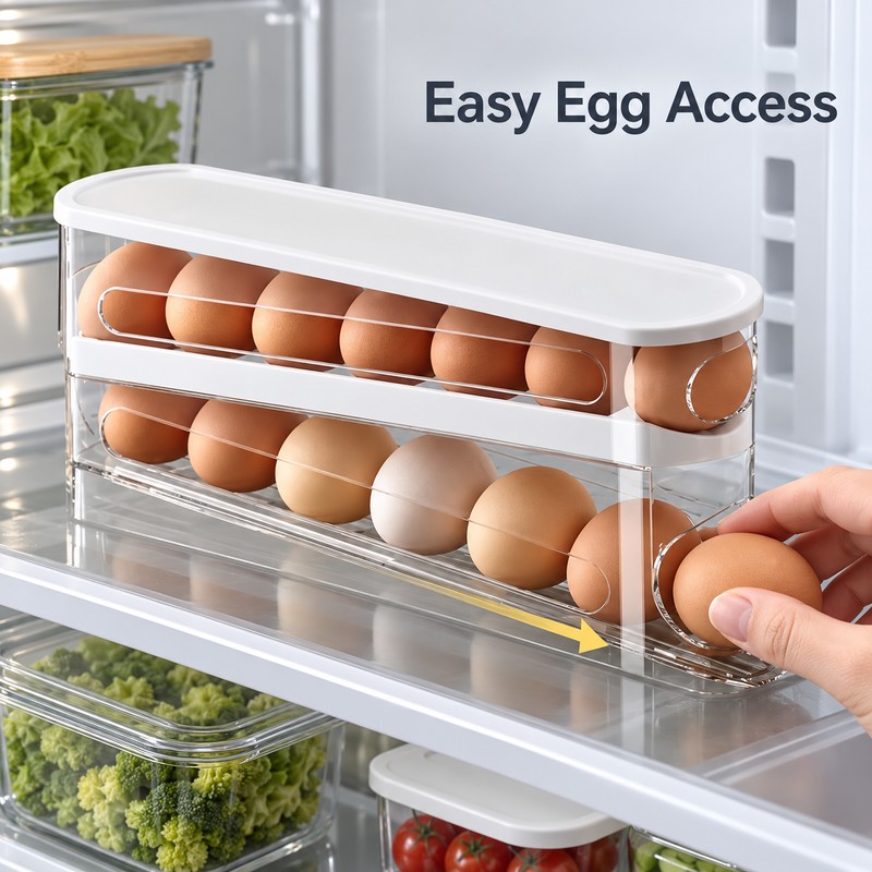 Automatic Rolling Egg Holder for Refrigerator Storage – 2-Tier Space-Saving