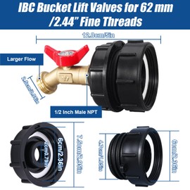 275-330 Gallon IBC Tote Tank Adapter,IBC Tote Adapter, 2.44" Fine、2 "Fine, and 2" Coarse Thread,1/2" Male NPT Inlet Threaded Brass Hose Faucet Garden Hose Connector (For 2" Coarse Threads to 1/2")