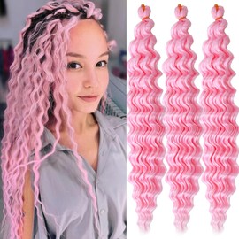 Pink Curly Braiding Hair 18 Inch Ocean Wave Crochet Hair for Goddess Braids 3 Packs Deep Wave BraidingHair for Women(3Packs,Light Pink#)