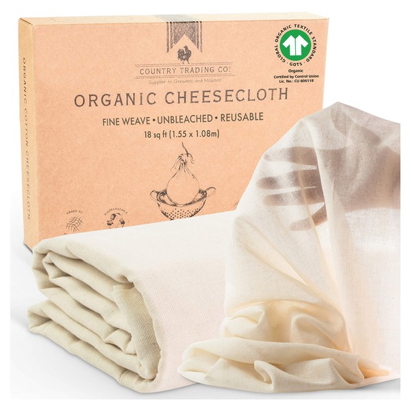 Organic Unbleached Cotton Cheesecloth for Straining, GOTS Certified, Fine Reusable Strainer – Large 18 Sq.ft.