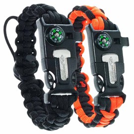 Tactical Paracord Bracelet (2 Pack) – Includes: Fire Starter, Loud Whistle, Emergency, and Compass – Adaptable Size – Survival Gear Kit