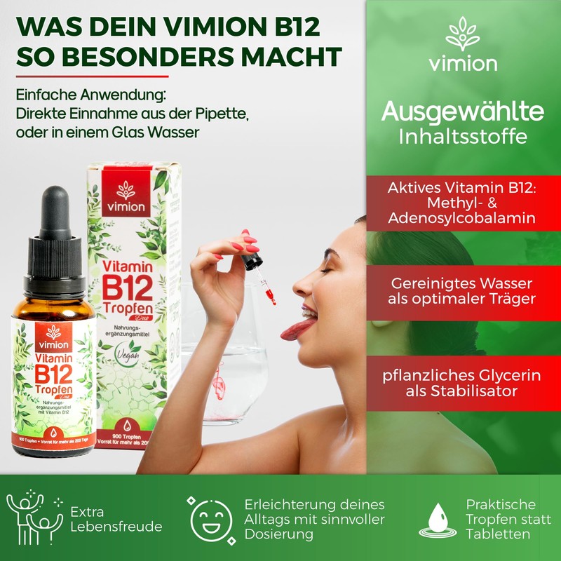 Vimion Vitamin B12 Drops, Alcohol-free, Bioactive B12 as Methylcobalamin and