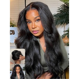 Nadula Yaki Wavy V Part Drawstring Wig Human hair with Blow Out Bangs, Glueless EasiContour Vpart Wigs No Leave Out Beginner Friendly Clip In V Shape Wigs Upgrade Wavy U Part Wig 150% Density 20inch
