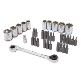 Kobalt 338358 35-Piece 1/4-Inch Drive Mechanic's Tool Set, Inch/Metric, includes Reversible Ratcheting Wrench, Sockets; Screwdriver, Hex, Torx, and Square Bits