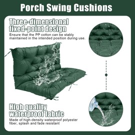 Outdoor Porch Swing Cushion with Backrest - Waterproof Bench Cushion for 2-3 Seater Outdoor Furniture-Thickened Replacement Swing Cushion with Ties for Patio, Backyard, Garden（Dark green60x40）