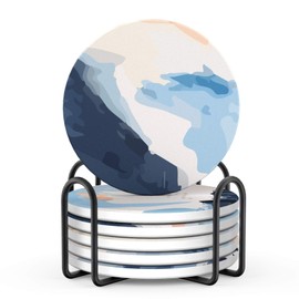 LIFVER Absorbent Drink Coasters with Holder, Set of 6 Ceramic Coasters Set with Cork Base, for Kinds of Drinking Glasses, 4 Inches Stone Coasters for Home Decor, White Elephant Gifts for Adults