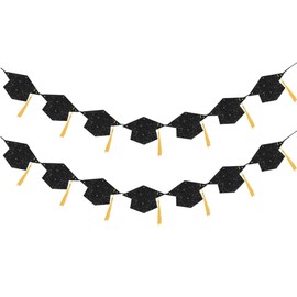 Graduation Decoration Banners 2026 Black Glitter Graduation Hats with Tassel Banners Garlands Class of 2026 Banners for College High School Graduate Party Decorations