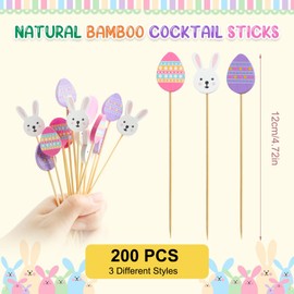 Bekeify 200 PCS Bamboo Sticks 12 CM Toothpicks for Easter Party Decorations Easter Bunny Easter Eggs Wooden Skewers Sticks Cocktail Sticks for Food Drinks and Party