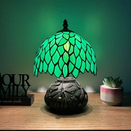 enjoy decor lamps Tiffany Mini Table Lamp Green Stained Glass Green Leaves Dragonfly Base for Living Room Bedroom Bedside 8" W*8" D*12" H