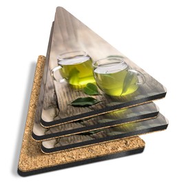 4 x Triangle Coasters - Healthy Green Tea Organic Drink Cork Backed MDF Glossy Tea Coffee Accessory #16538