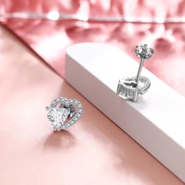Qings April Diamond Birthstone Stud Earrings Sparkling Moissanite Cubic Zirconia 925 Sterling Silver Platinum Plated Hollow Double Heart Present for Mother Mom