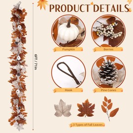 6 Ft Fall Garland with Lights, Thanksgiving Mantel Decor