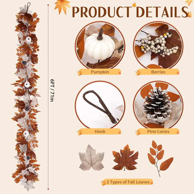 6 Ft Fall Garland with Lights, Thanksgiving Mantel Decor