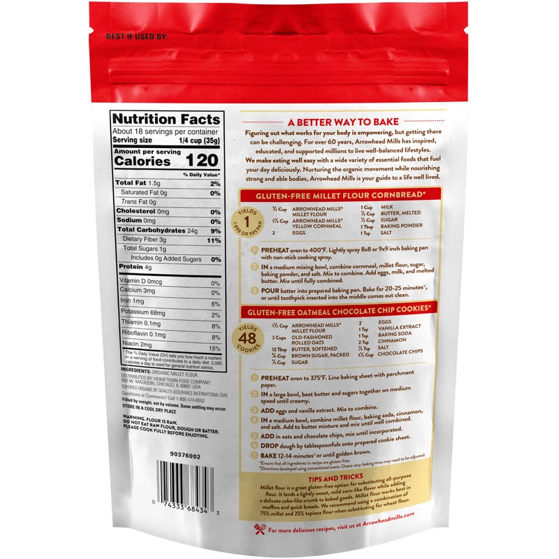 Arrowhead Mills Organic Gluten Free Millet Flour, 23 oz Bag