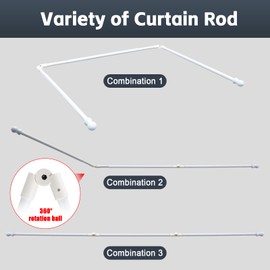 ETICSIPA Bay Window Curtain Rods 60-185 Inch Retractable Metal U-shaped Curtain Rods for Blackout Curtains with 6 Wall Mount, White Round Finials