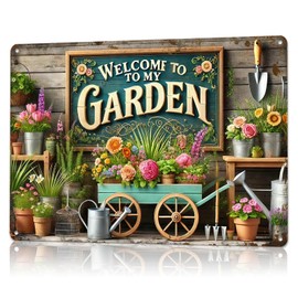 Gardening Signs" Welcome To My Garden" Tin Sign for Greenhouse Backyard Vintage Gardening Gifts for Women Garden Art for Living Room Bedroom Yard Cottage Outdoor Decor, 8x12inch