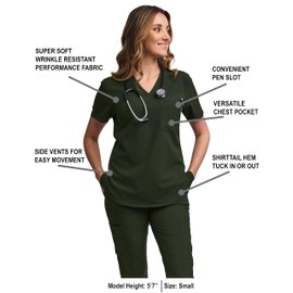 Green Town Scrubs for Women - Tuck-In V-Neck Scrub Top, Stretch Fabric, Lightweight, Easy Care-True Olive-X-Large