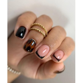 24 Pcs Black French Tip Press on Nails Full Cover Acrylic Nails Short Square Fake Nail with Leopard Print Designs Glossy False Nails Stick on Nail for Women Manicure Decoration