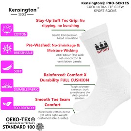 12 Pairs Men Sport Socks Size 6-11 Thick Cotton Cushion Crew Compression Ankle Large Pack For Under Trainer Blister Armour Black White Colour (White Motif)