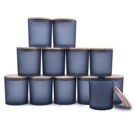 SHOWIN 14 OZ Thick Candle Jars for Making Candles 12 Pcs, 3 Wick Empty Jars with Wood Lids for Candle Making, Sample Container, Frosted Grey