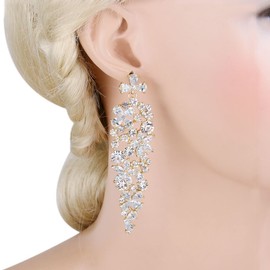 Flyonce Austrian Crystal CZ Wedding Chic Flower Cluster Chandelier Dangle Earrings Clear Gold-Tone