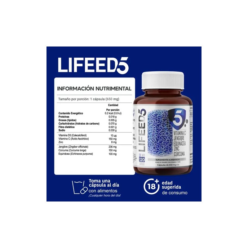 Vitamina C Vitamina D3 Equinácea Zinc Cúrcuma Lifeed5 Inmune Sin