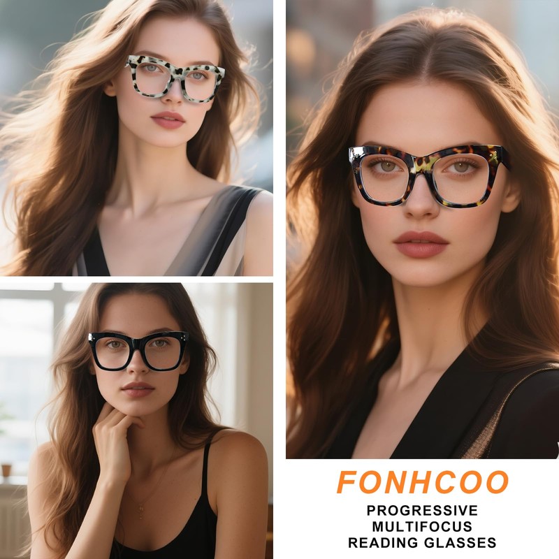 FONHCOO Progressive Reading Glasses for Women Square Blue Light Blocking