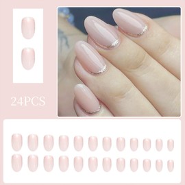 24Pcs Nude Press on Nails Short Oval Shaped Fake Nails Pure Color False Nails with Silver Glitter Stripes Designs Glossy Full Cover Acrylic Artificial Nails Glue on Nails for Women Girls