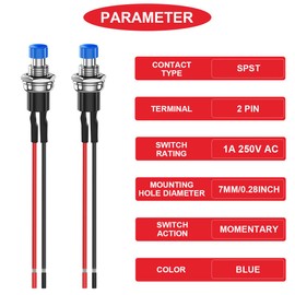 MKBKLLJY Pack of 15 7 mm Blue Push Button Switch 1A 100V 110V 220V 250V AC 2Pin SPST ON OFF 1A 12V 24V 36V DC Mini Micro Round Switch with Pre-Wired Wires for Car Boat Motorcycle Coffee Pot