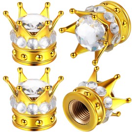 4 Pieces Crown Tire Valve Stem Caps Bling Handmade Crystal Rhinestone Universal Chrome Crown Vehicle Car Tire Caps Covers, Attractive Accessories for Car (Gold and White)