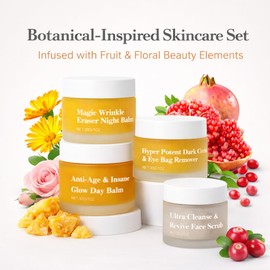 Organic 4-in-1 Face Cream Set for Mature Skin - Anti-Ageing Skincare Kit with Pomegranate, Rosehip & Arnica - Day & Night Balm, Eye Cream & Face Scrub -Deep Hydration, Firming & Brightening - 4 x 30g