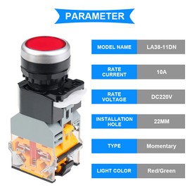 DKARDU 6 Pcs 440V 22mm Momentary Push Button Switch 10A 5 Color (Red/Bule/Green/White/Yellow/Black) LA38-11 1NO 1NC Switch for DIY with 24 Pcs Fork Terminal