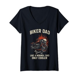 Womens Biker DAD - Motorcycle Skull Flames Rebel V-Neck T-Shirt