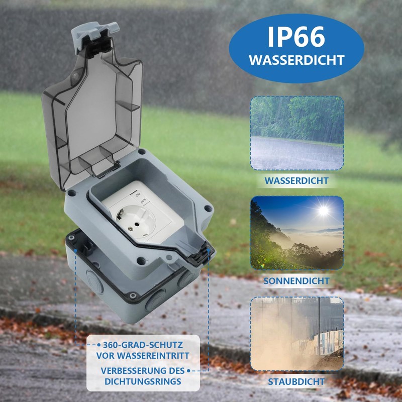Marscharm Outdoor Socket Waterproof 1 Way 2 Sockets IP66 Switch
