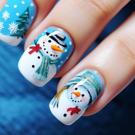 Christmas Press on Nails Short Square Fake Nails Blue White False Nails with Glossy Designs Cute Snowman Sir & Lady Winter Glue on Nails Stick on Nails Xmas Acrylic Nails for Women Girls 24 Pcs