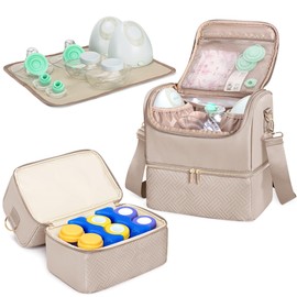 Fasrom Breast Pump Bag with Cooler Compartment Compatible with Momcozy, Medela and Willow Hands Free Pump, Pumping Tote with Waterproof Mat, Camel