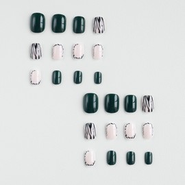 MERVF Short Press on Nails Square Fake Nails Dark Green Squoval Glue on Nails Press ons French Tip Acrylic Nails with Zebra Print Design 24pcs Glossy