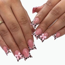 Medium Press on Nails Duck Shaped Fake Nails Pink French Tip Duckbill False Nails with 3D Flower Bow Rhinestones Leopard Designs Glue on Nails Glossy Shiny Nails Press ons for Girls Women 24Pcs